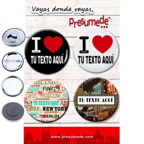Pack de chapas, abridores con imán, espejos o imanes personalizado con el nombre de tu PUEBLO, BARRIO o CIUDAD