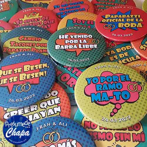 Chapas para boda pack con frases divertidas