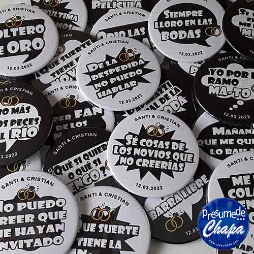 Chapas para boda pack con frases divertidas