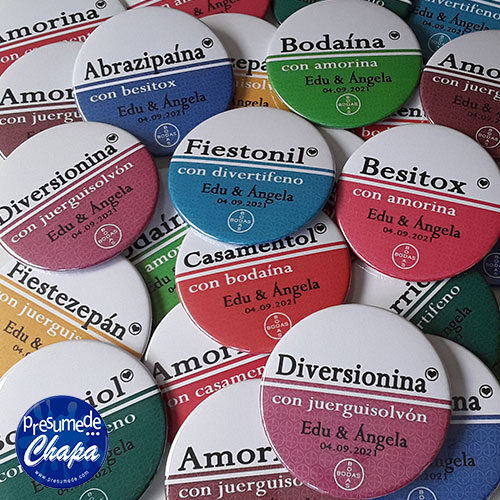 Pack 10 Chapas para boda "MEDICAMENTOS"