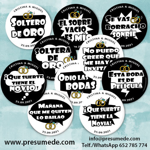 Chapas para boda blanco y negro pack con frases divertidas