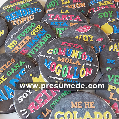 20 Chapas pack para comunión PIZARRA TIZA CON FRASES DIVERTIDAS
