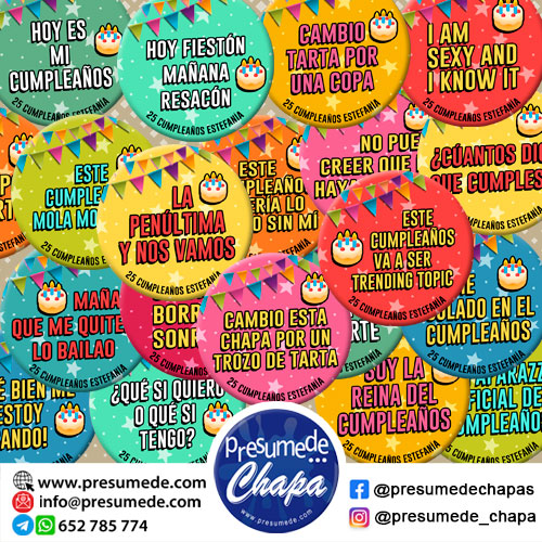 Chapas pack para cumpleaños frases divertidas guirnaldas