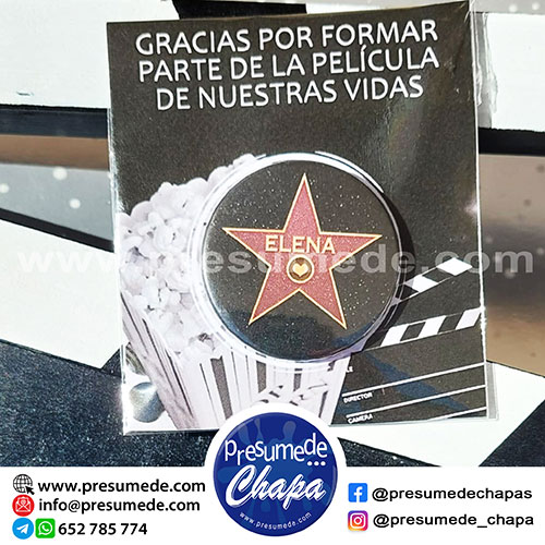 Marcasitios chapa 38mm estrella Hollywood para boda con tarjeta