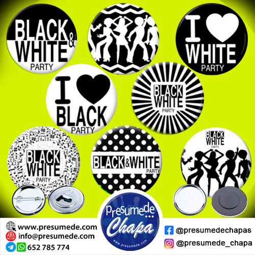 Pack 100 chapas fiesta blanco y negro