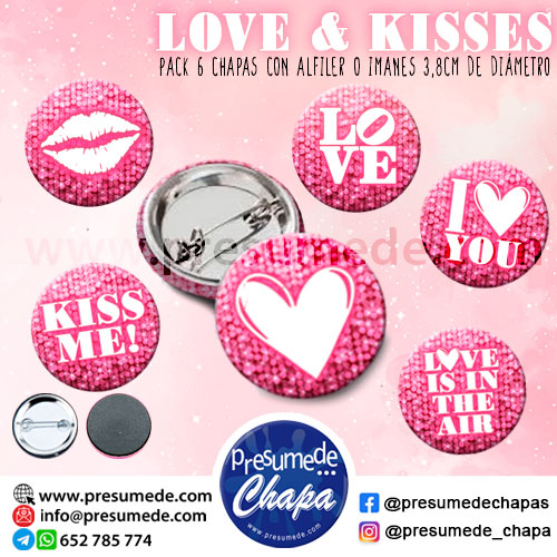 Pack 6 chapas para boda love & kisses