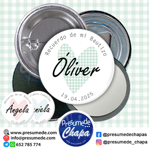 Chapas para bautizo corazón vichy