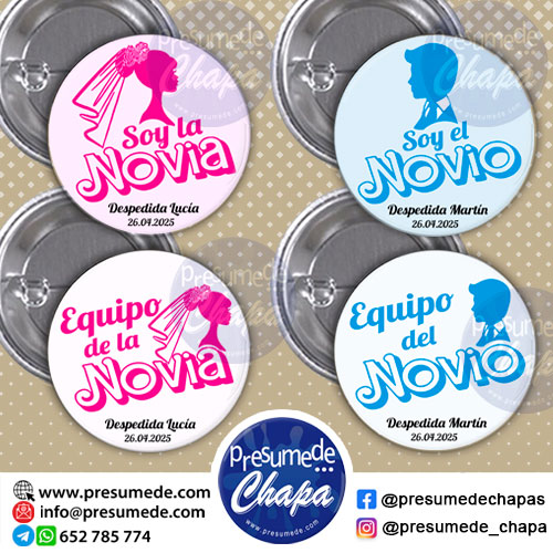 Chapas para despedida "BARBYE EQUIPOS DE LA NOVIA Y DEL NOVIO"