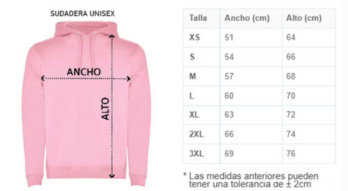 Guía de tallas sudaderas unisex con capucha y bolsillo canguro